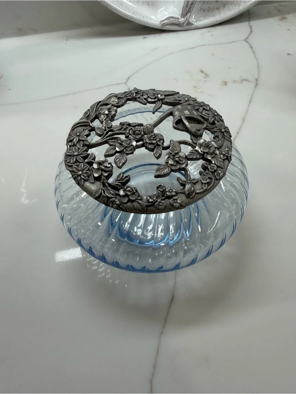 Vintage 1996 Rawcliffe Pewter &Ice blue glass Potpourri jar bowl